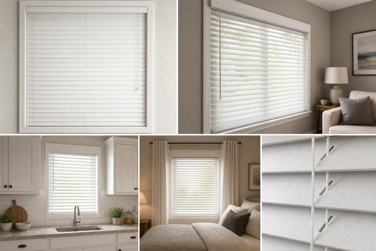 Classic White Faux Wood Blinds shown in kitchen, living room, and bedroom windows